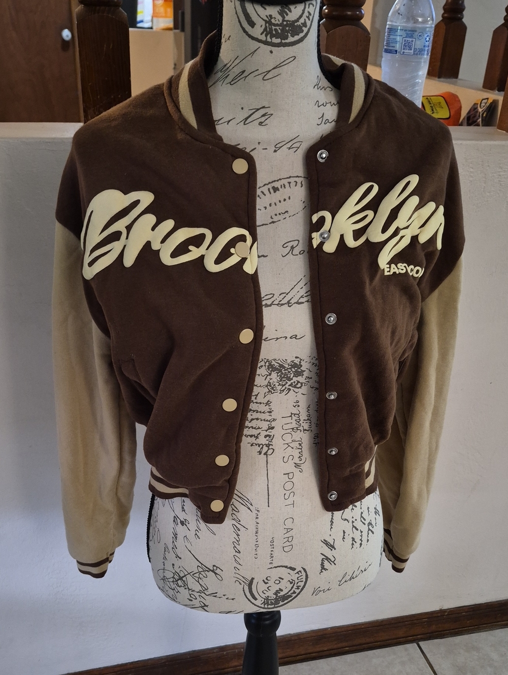 New Look Brown & Beige Cropped Varsity Jacket with 'Brooklyn' Script